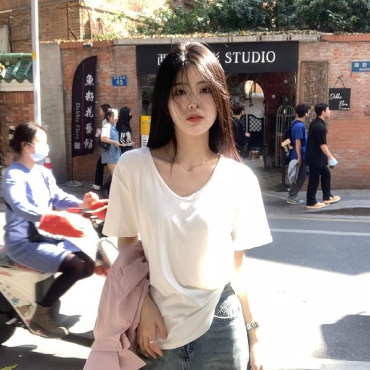 千朔大U领正肩t恤女恋夏风白色短袖大领口宽松显瘦舒适内搭上衣