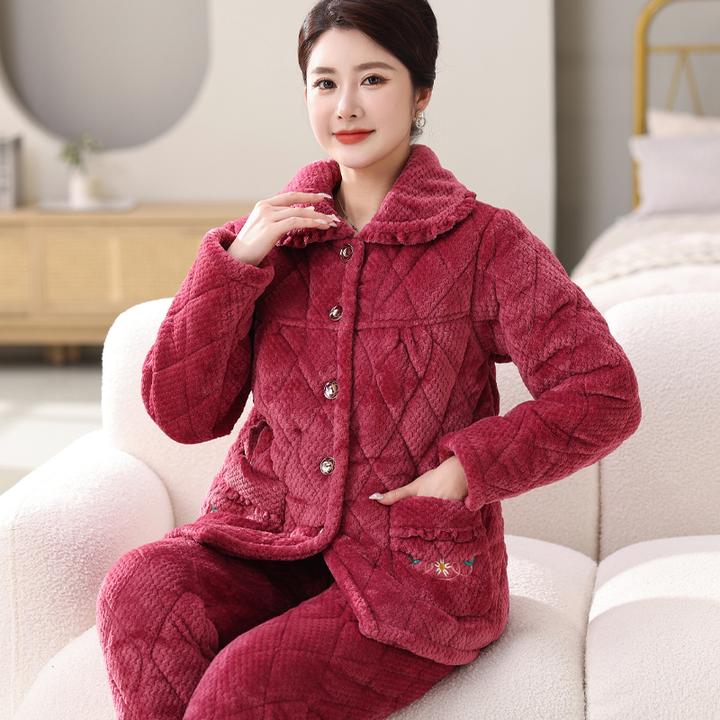 秋冬季夹棉睡衣女60-70岁大码中老年人妈妈装家居服加绒保暖套装