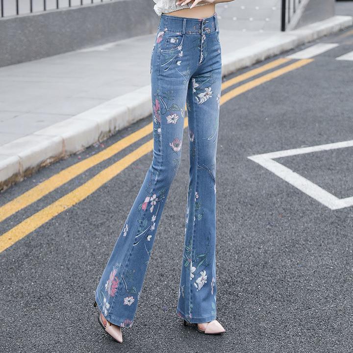 洋气印花高腰微喇裤女2023春秋新款百搭修身超仙爆款牛仔裤小众