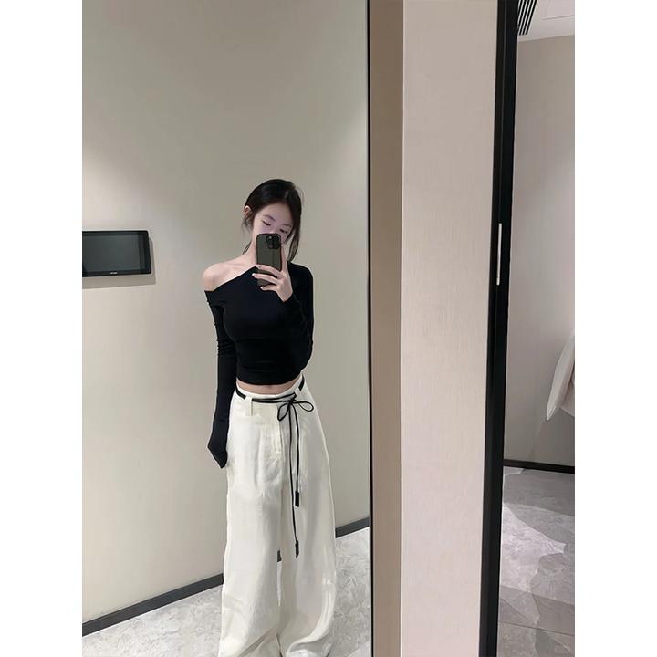 轻熟风性感辣妹百搭黑色长袖T恤上衣高腰直筒休闲宽松垂感阔腿裤