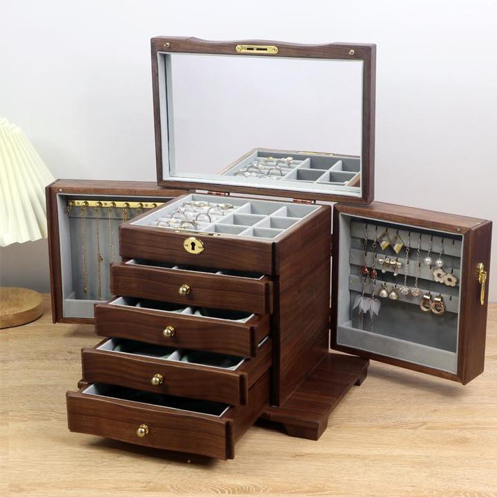 首饰盒/箱 黑胡桃木首饰盒带锁大容量多功能首饰收纳盒高档古风