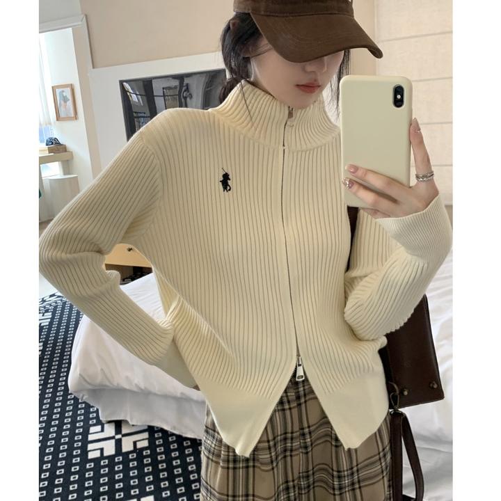 设计感上衣秋冬韩版高领双拉链开衫女安迪绒针织毛外搭衣女外套