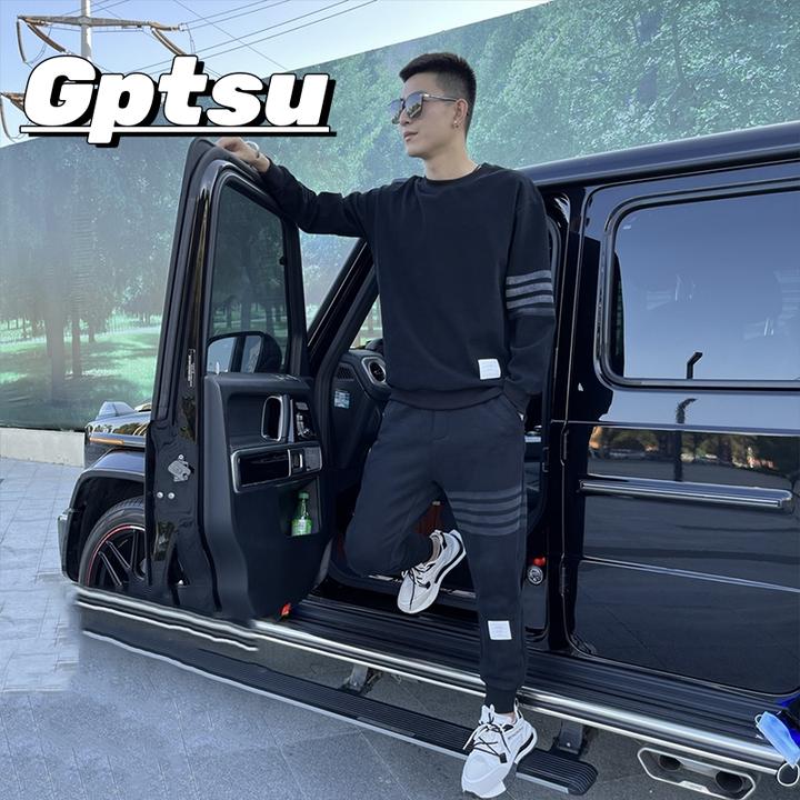 GPTSu渐变四道杠春秋休闲套装潮牌男百搭哈伦卫裤情侣韩版两件套