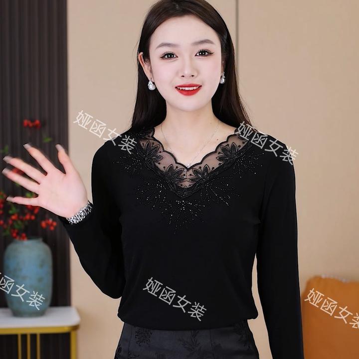 长袖打底衫百搭时尚洋气秋冬新款蕾丝女士显气质减龄大码妈妈装