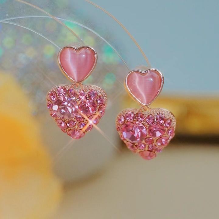 铜合金合成锆石耳饰 韩国东大门少女心爱心粉色心形网红耳环