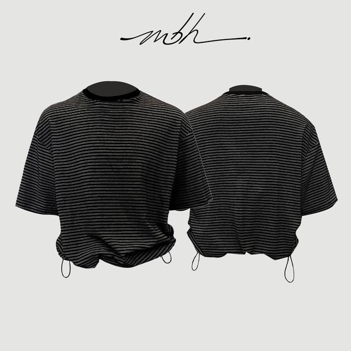 MBH|STRIPEDBASETEE撞色條紋弹力抽绳打底ins针织T恤韩版黑白半袖