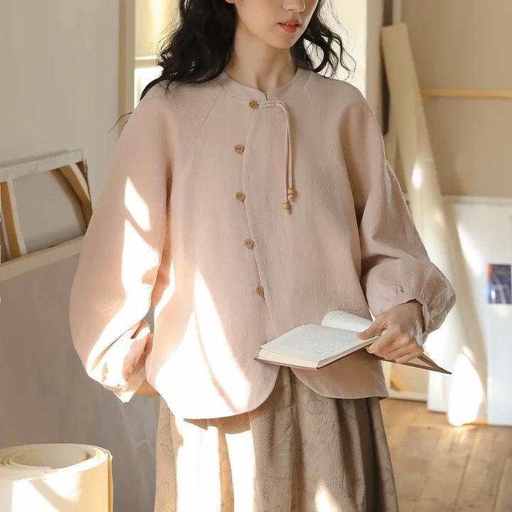 桃夭粉色新中式外套女秋季复古弧形门襟设计感宽松上衣