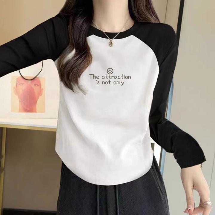 长袖t恤女2025新款春秋季撞色设计感拼接内搭短款显瘦打底衫上衣