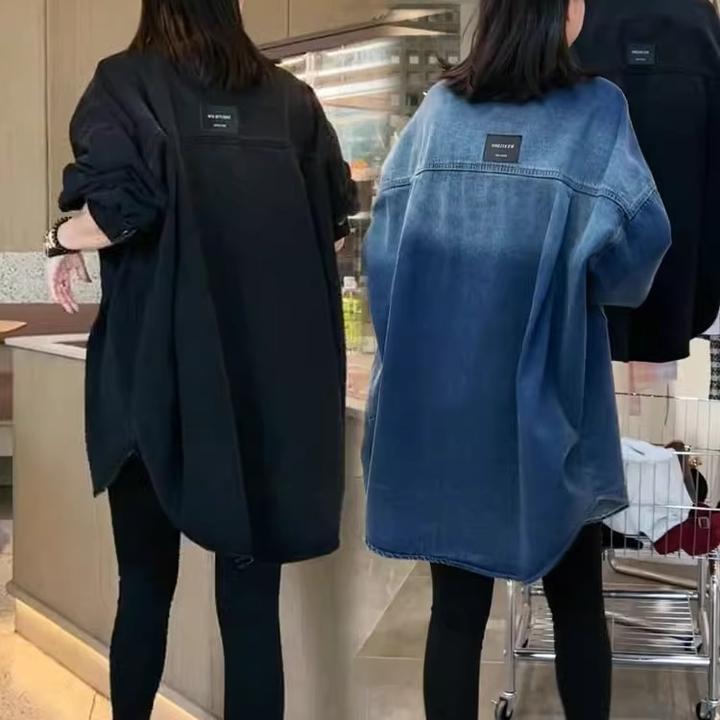 欧货美式复古渐变牛仔衬衫外套女春季慵懒风中长款衬衣小众上衣潮