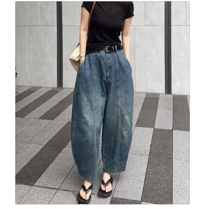 复古阔腿老爹牛仔裤女新款大码高腰哈伦显瘦小个子九分宽松香蕉裤