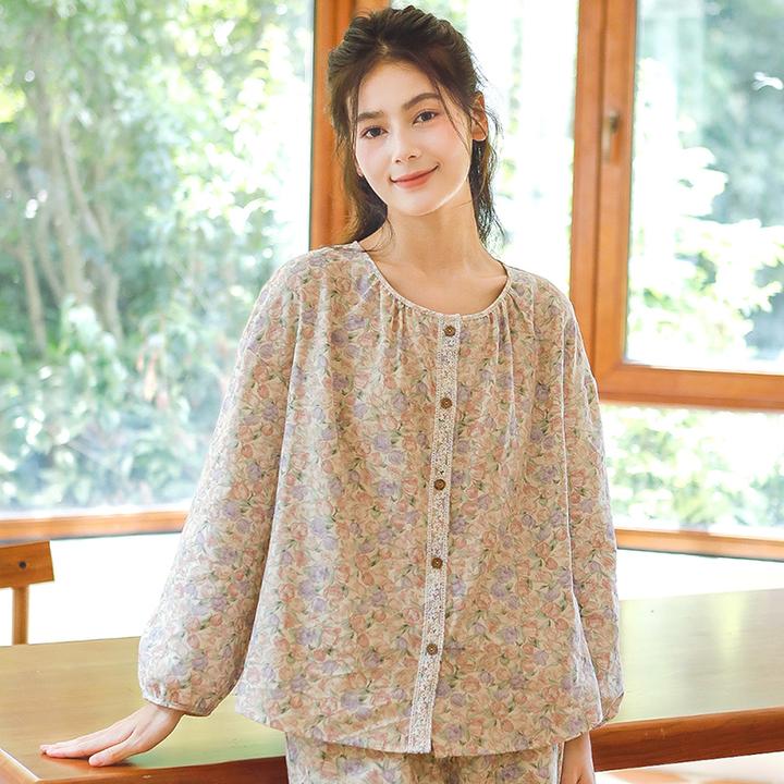新款春秋款睡衣女A类纯棉纱布长袖长裤可外穿休闲家居服套装碎花