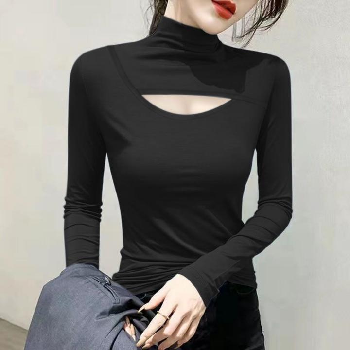 半高领长袖恤女黑色设计镂空漏胸秋季内搭女装打底内搭女长袖