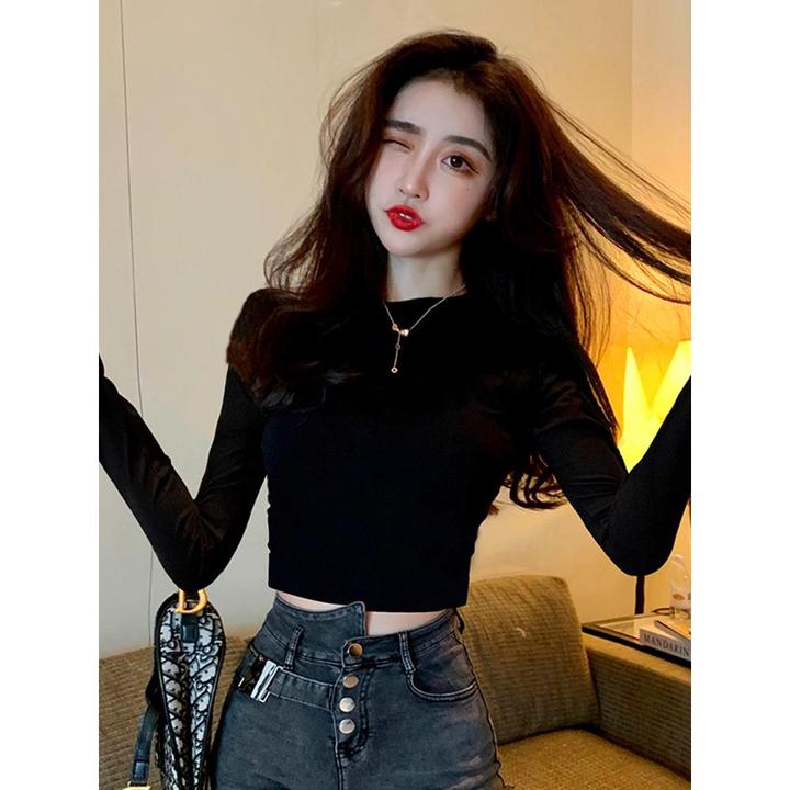 黑色长袖T恤女2024秋冬款紧身显瘦百搭打底衫女生秋冬衣服内搭