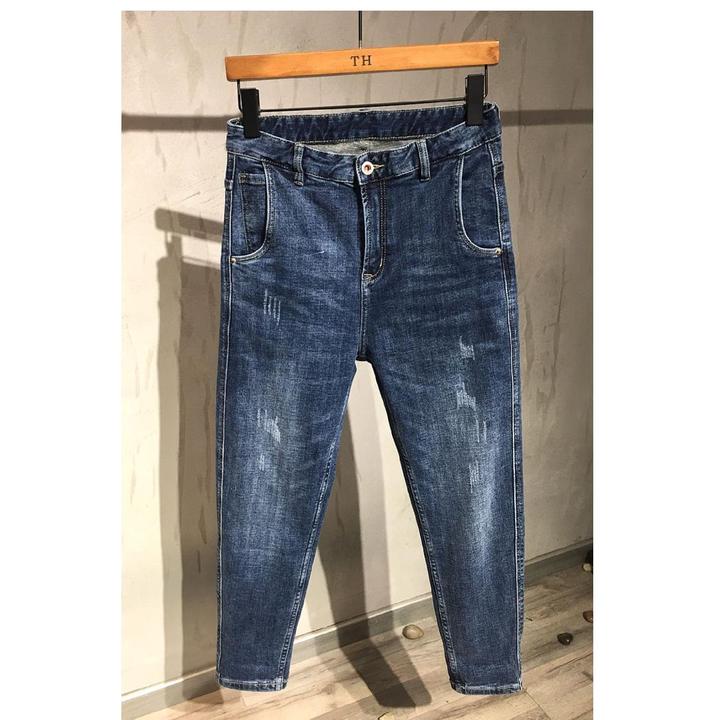 秋冬季抓绒磨毛蓝色牛仔裤宽松小直筒哈伦裤厚款加薄绒弹力长裤男