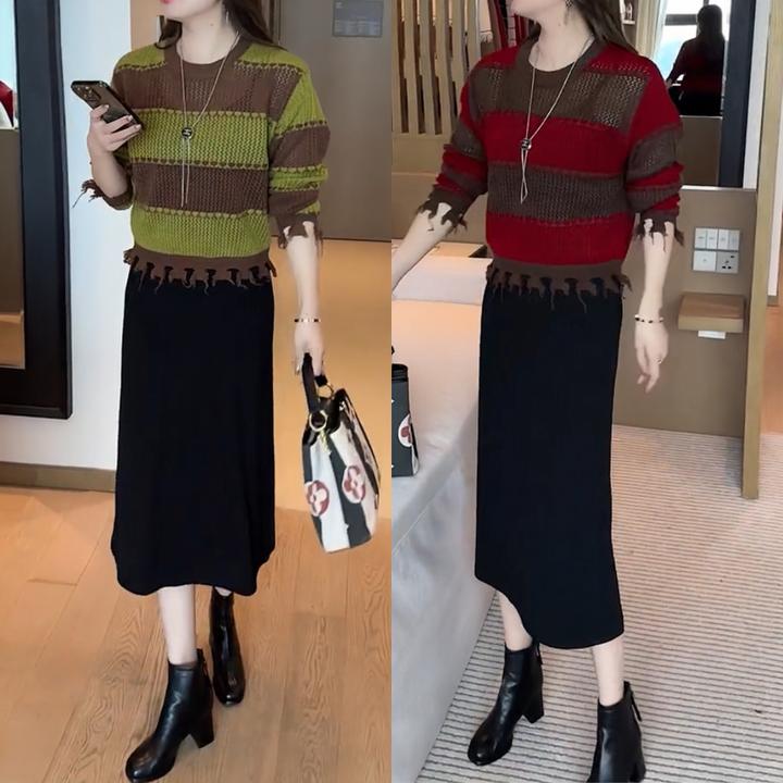 时尚洋气连衣裙套装女秋季新款宽松显瘦针织衫上衣吊带裙两件套潮