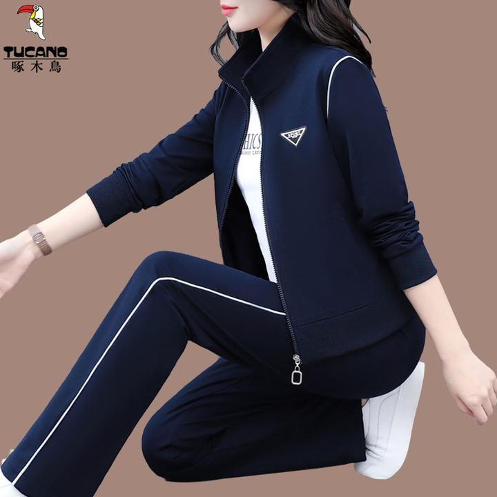 【官方】啄木鸟中年妈妈运动套装女2025新款春秋休闲卫衣外套三件套