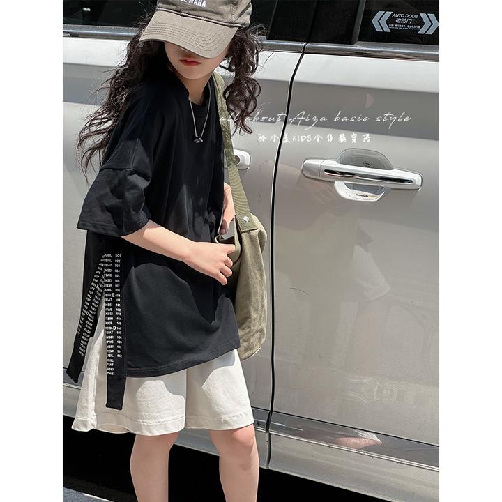 K23958落肩字母侧开叉女童T恤儿童短袖上衣夏装新款2025韩国童装