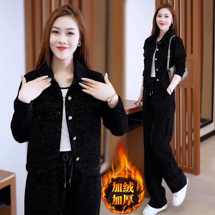 加绒加厚时尚休闲套装女2024冬季新款减龄小个子开衫卫裤两件套潮