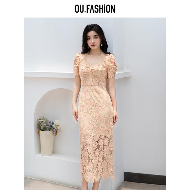 OU.FASHION/欧点法式名媛蕾丝连衣裙女钻石领收腰裙子6122420499