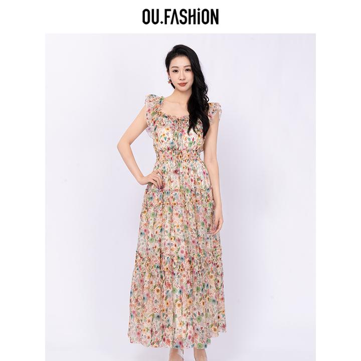 OU.FASHION/欧点法式碎花连衣裙女桑蚕丝收腰显瘦长裙6122420529