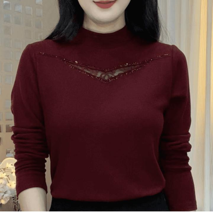 秋季新款半高领纯色镂空提花烫钻精品洋气时尚减龄显瘦长袖小衫