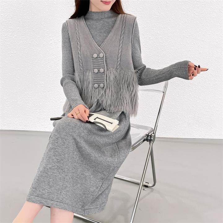 法式灰色马甲+内搭连衣裙套装秋冬小香风气质显瘦收腰针织两件套