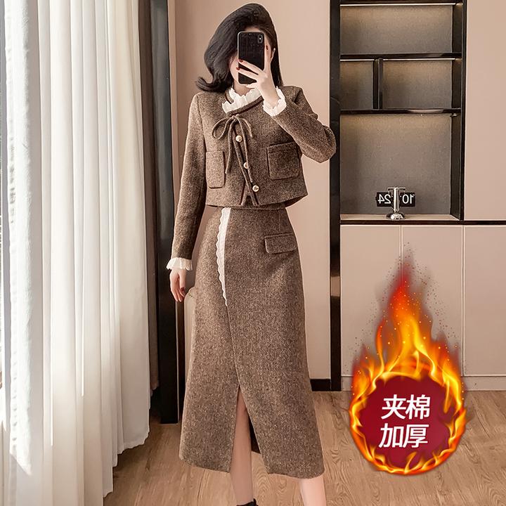 冬季新款法式小香风套装新款夹棉高级感气质富家千金半身裙两件套