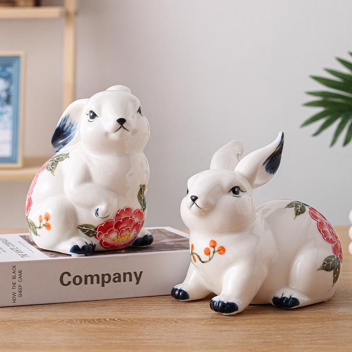 手工创意兔子陶瓷摆件手绘工艺品玄关摆件电视下方装饰品七夕情侣