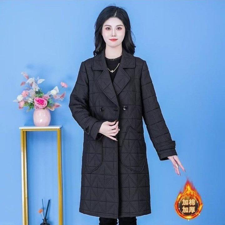 2024年秋冬季新款时尚百搭加厚宽松中长款棉服外套纯色简约女装旗