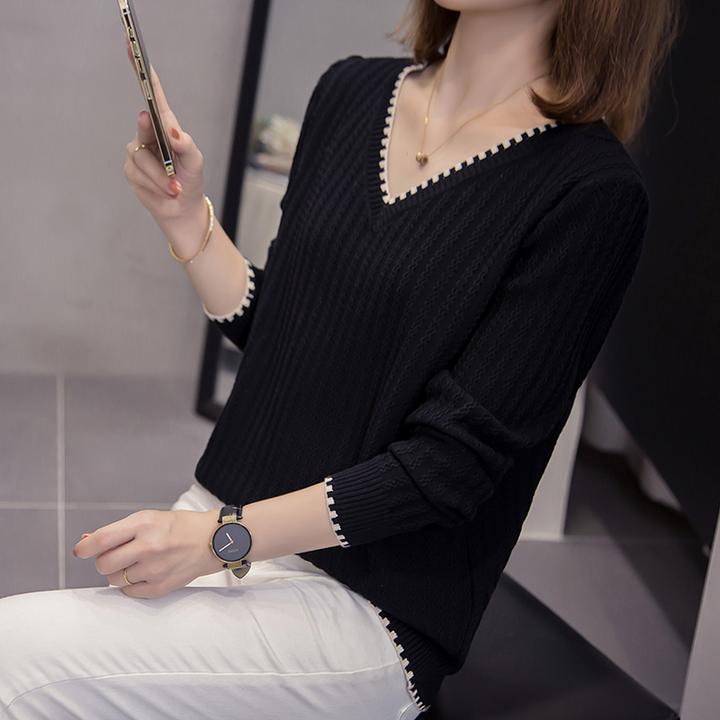 【80-180斤】V领坑条针织打底衫女秋冬季宽松遮肚显瘦内搭减龄毛衣