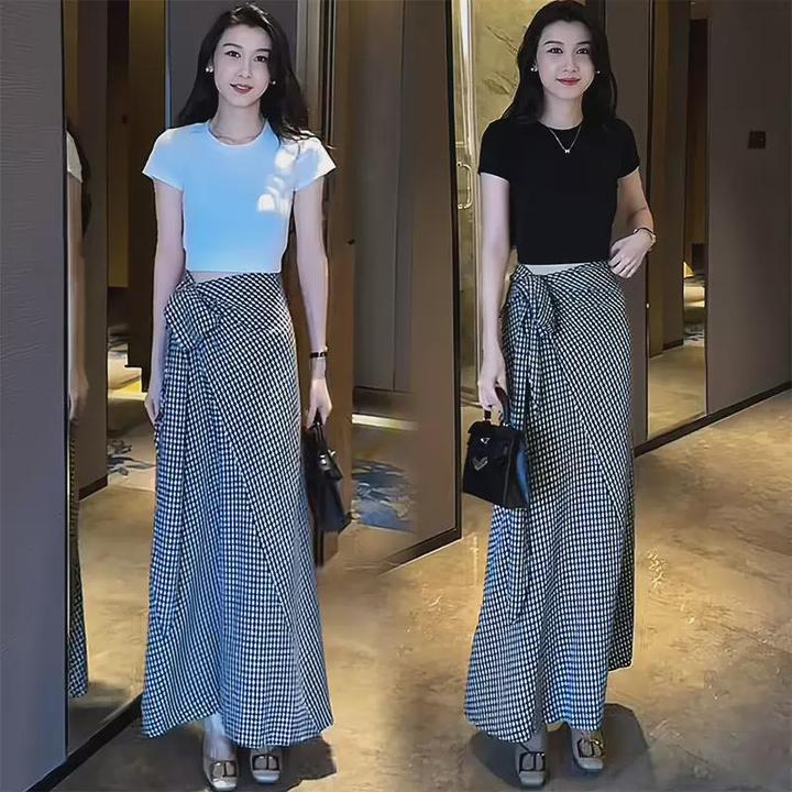 时尚套装裙女露背短款上衣夏季新款洋气T恤高腰系带半身裙两件套