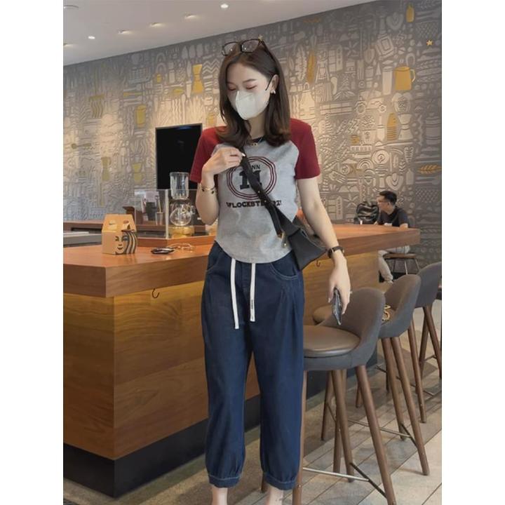 插肩短袖t恤女2024新款夏季宽松印花洋气减龄撞色上衣夏天女款潮