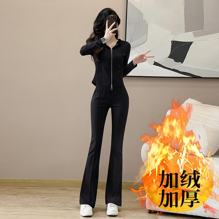 休闲运动套装女秋冬新款连帽卫衣时尚洋气修身显瘦微喇叭裤两件套
