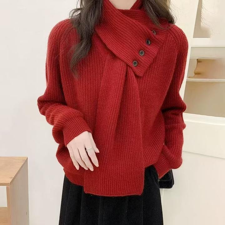2025年秋冬季新款可拆卸红色围巾毛衣慵懒风宽松百搭针织衫上衣女
