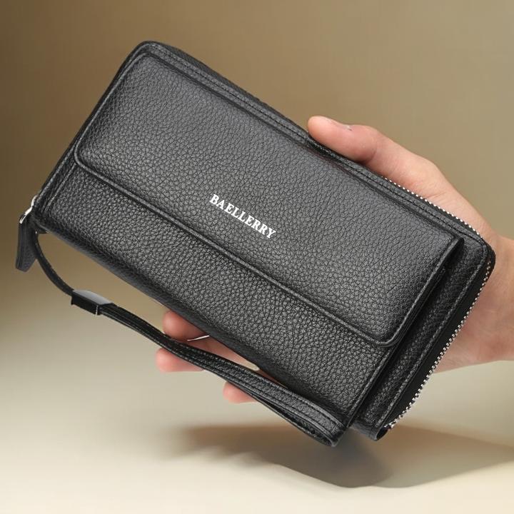 男士手拿包长款钱包大容量拉链多卡位撞色男士皮革钱包多功能手包
