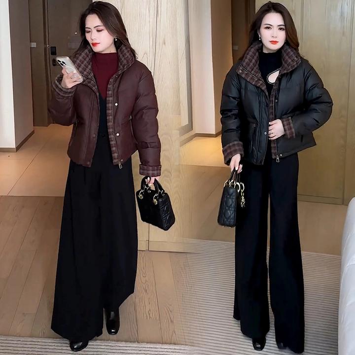 时尚PU皮羽绒棉服女2024冬季新款洋气小个子显瘦保暖短款棉袄外套