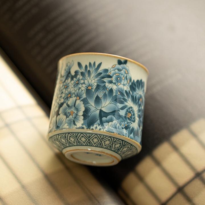 汝窑金万花主人杯品茗杯茶杯陶瓷茶碗家用功夫茶具茶盏复古茶道杯