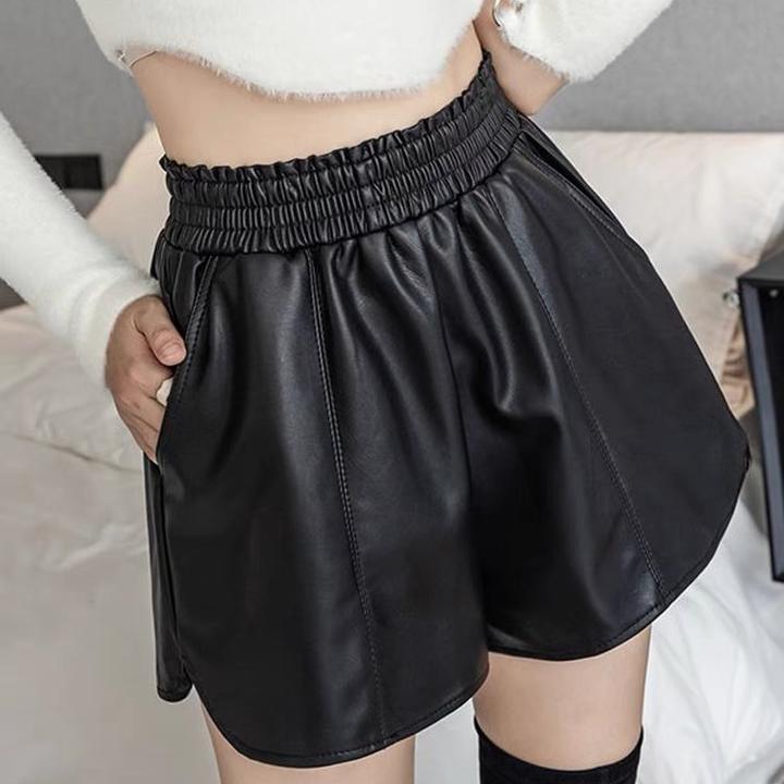 休闲短裤女秋冬外穿松紧腰高腰显瘦a字阔腿皮裤小个子打底靴裤