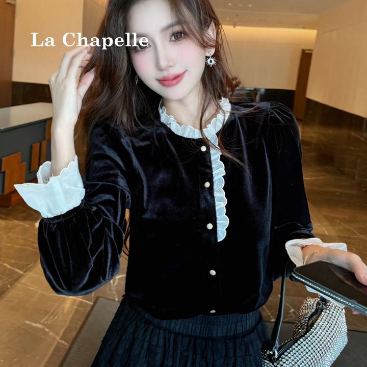 拉夏贝尔复古丝绒黑色长袖衬衫女春秋小个子蕾丝拼接衬衣气质上衣