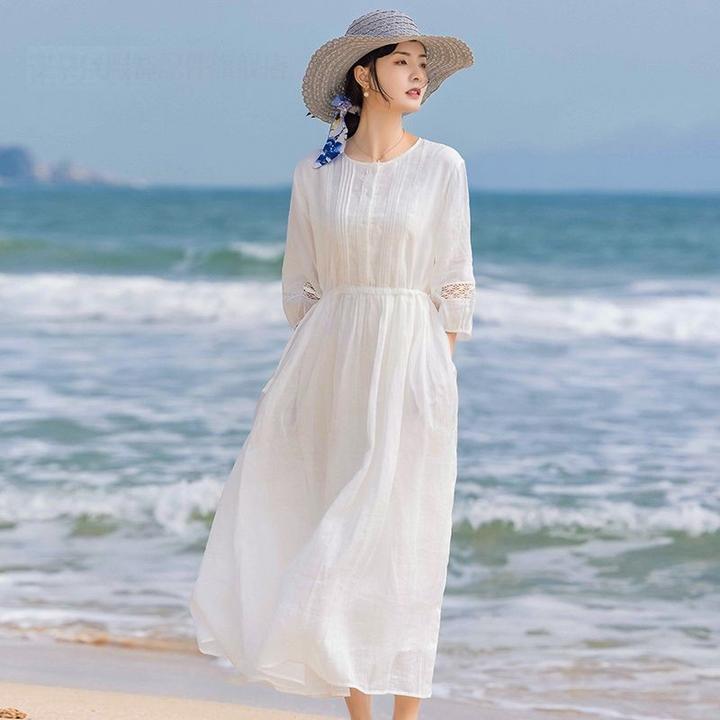 夏季新款仙气白色连衣裙女高级感海边三亚度假旅游沙滩长裙子