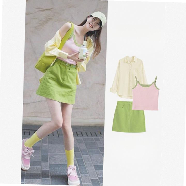 夏季多巴胺穿搭套装女2024新款防晒衬衫吊带背心显瘦半身裙三件套