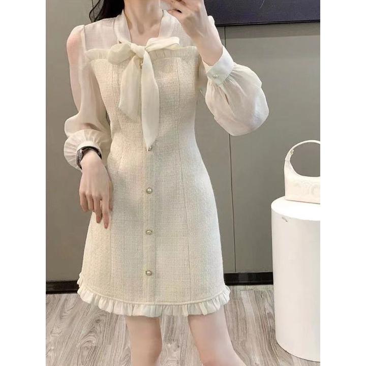 法式小香风连衣裙女杏色2024秋冬新款感洋气高级名媛风百褶小众感