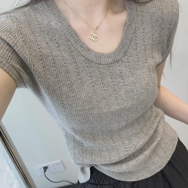 新款水滴领小香风针织短袖女2025夏季百搭修身显瘦镂空气质上衣潮