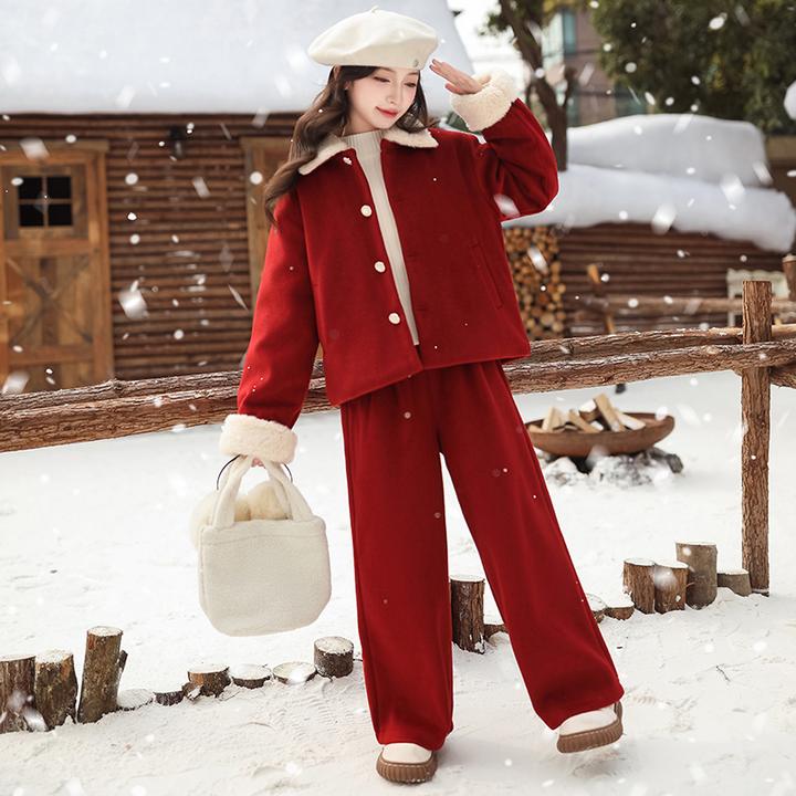 女童套装冬季儿童拜年服2025新款儿童冬装红色呢子过年衣服圣诞服