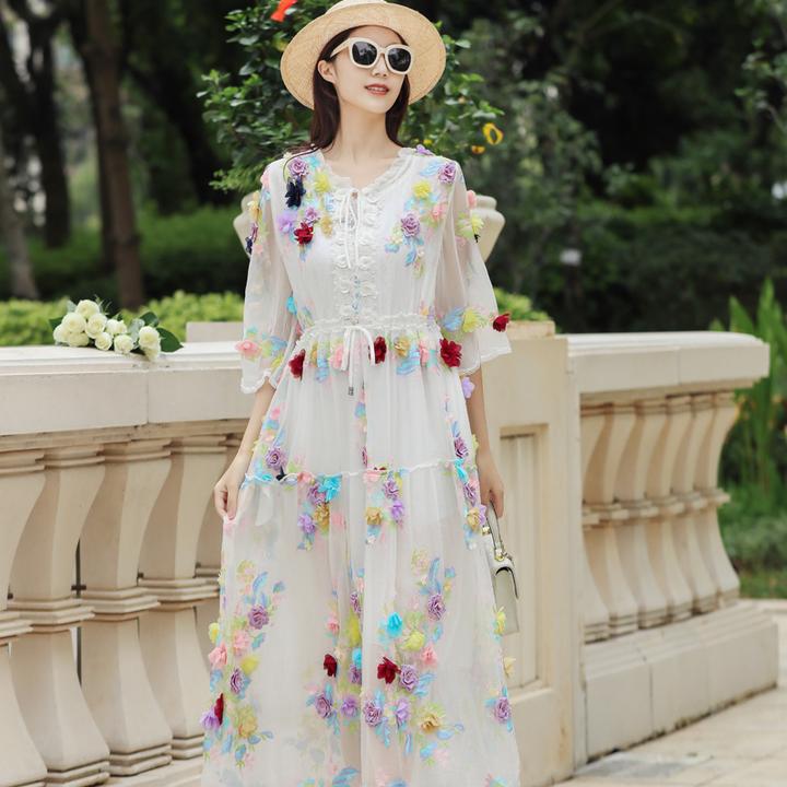 桑蚕丝连衣裙大码女装胖mm宽松遮肚子收腰显瘦飘花刺绣款真丝长裙