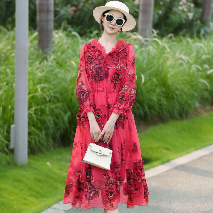 大码女装胖mm高贵上档次轻奢高端时尚亲肤刺绣花真丝桑蚕丝连衣裙