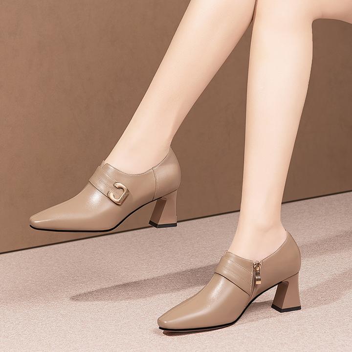 6cm春秋舒适粗跟女士高跟鞋牛皮鞋子深口方头女鞋时尚真皮单鞋