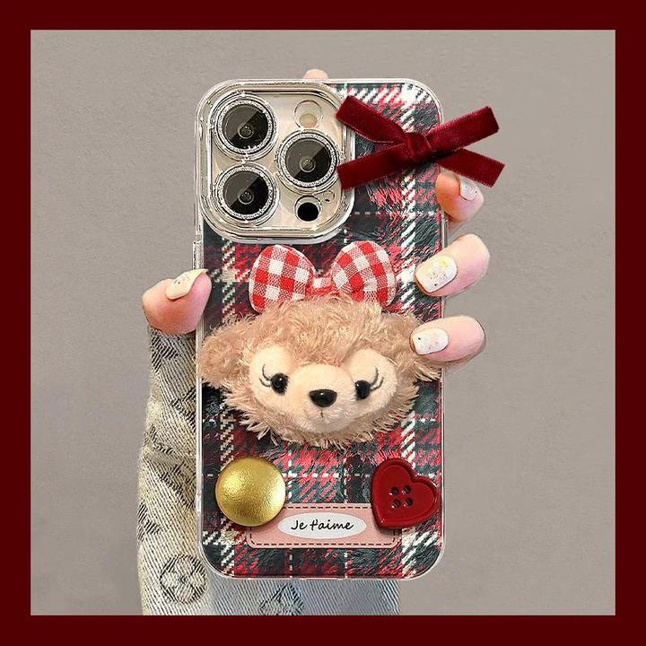 毛绒雪莉玫公仔适用苹果15vivo华为oppo小米iPhone16冰川纹手机壳