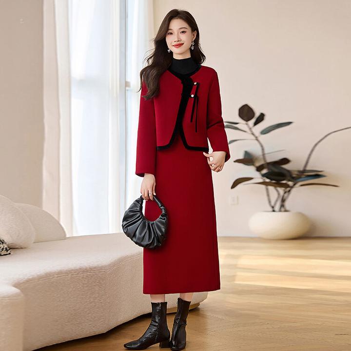 秋冬新品哥弟阿玛施正简约气质套装圆领小香风夹棉两件套连衣裙女