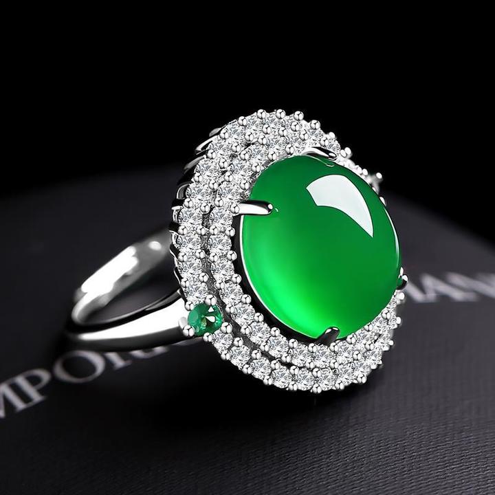 高档真品绿玉髓豪华镶嵌玉戒指新款蛋面玛瑙活口可调节戒指戒圈女